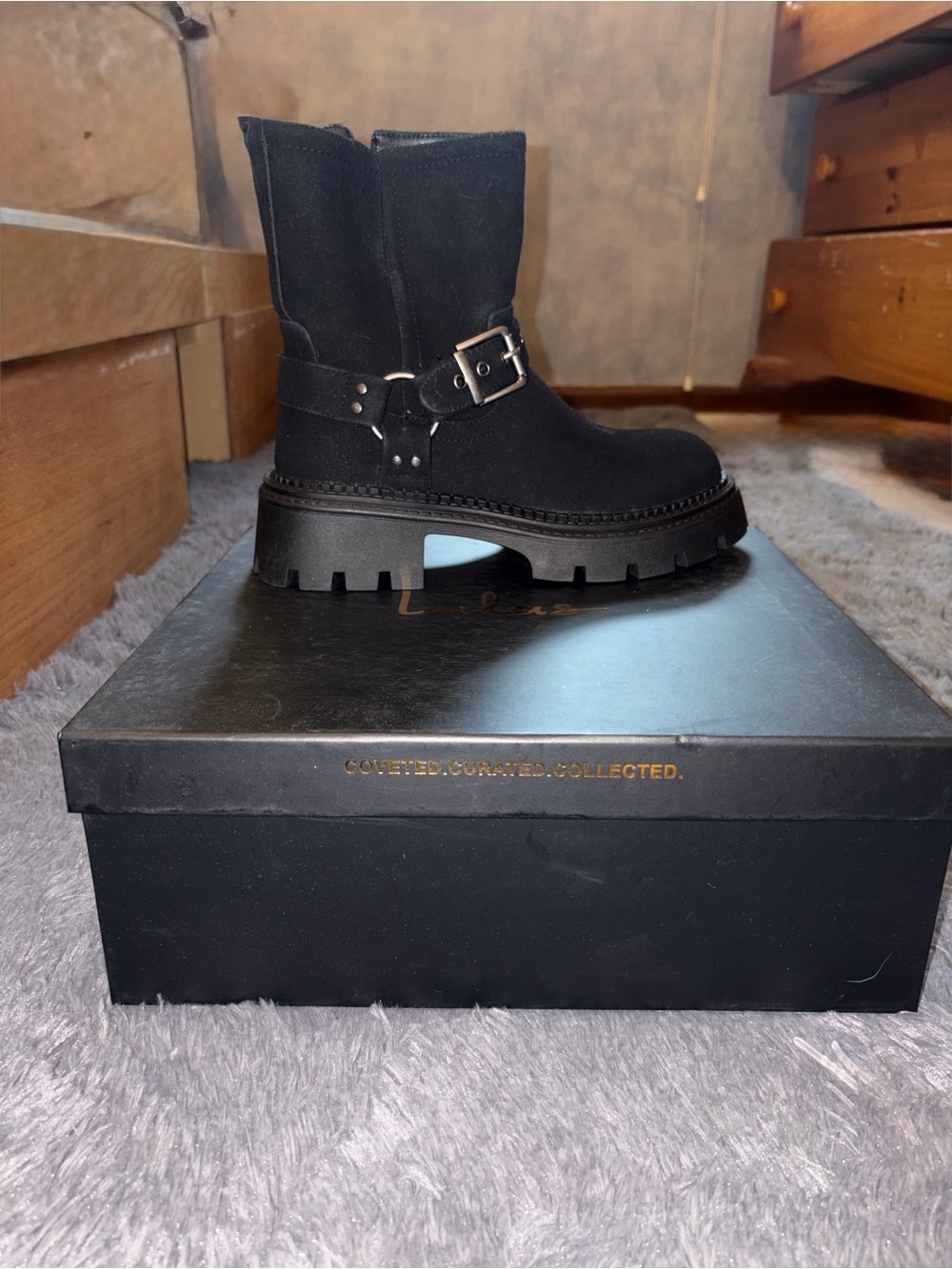 Lulu's Black Suede Buckle Harness Lug Boot